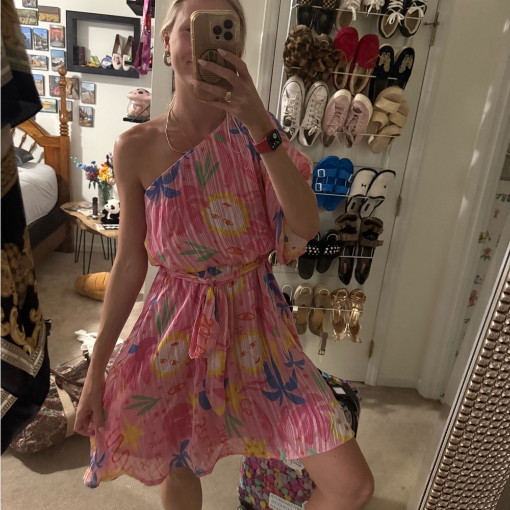 REVOLVE Pink Floral One-Shoulder Midi Dress